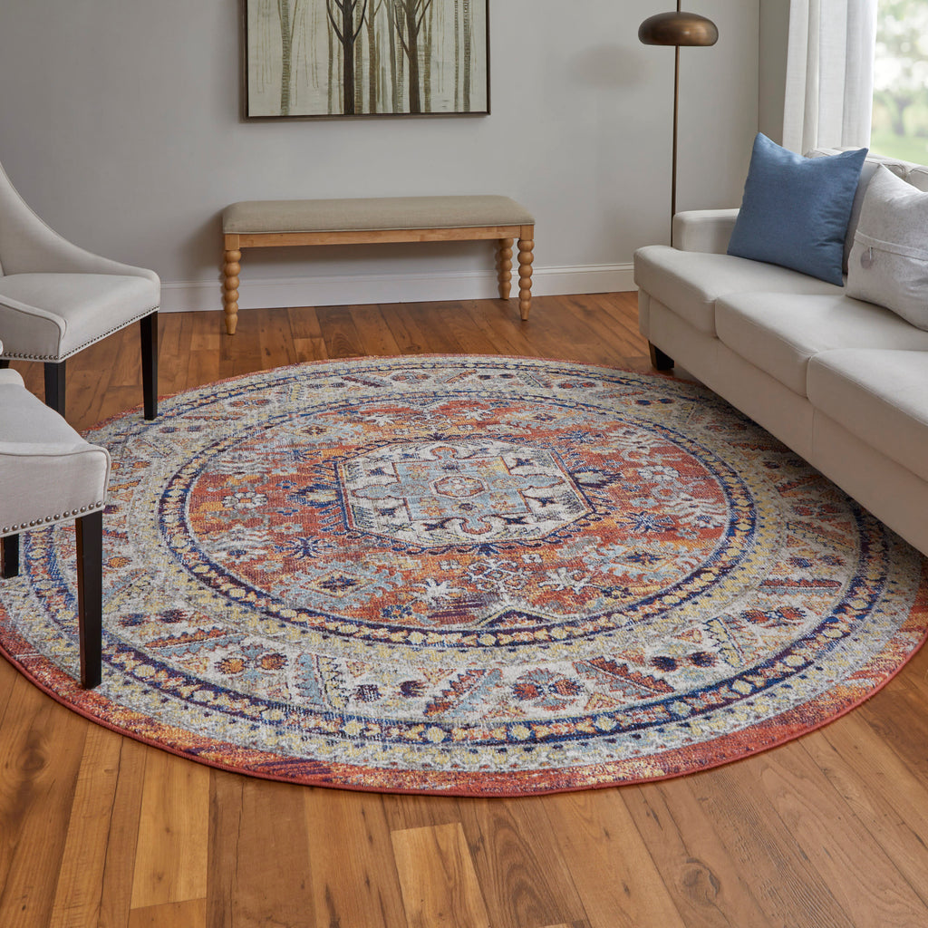 Bellini Transitional Medallion Red Orange Ivory Area Rug (7'10" x 7'10")