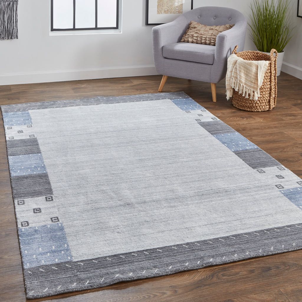 Legacy Transitional Bordered Gray Blue Black Area Rug (9'6" x 13'6")