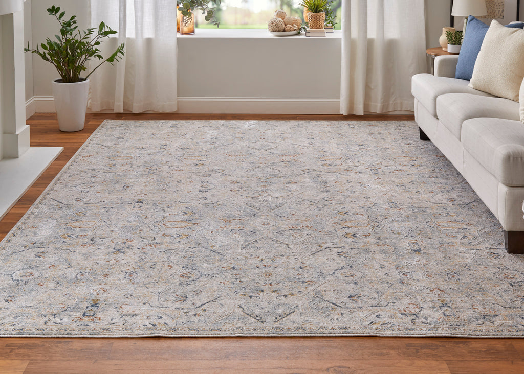 Pasha Transitional Distressed Ivory Blue Tan Area Rug (7'10" x 10'3")