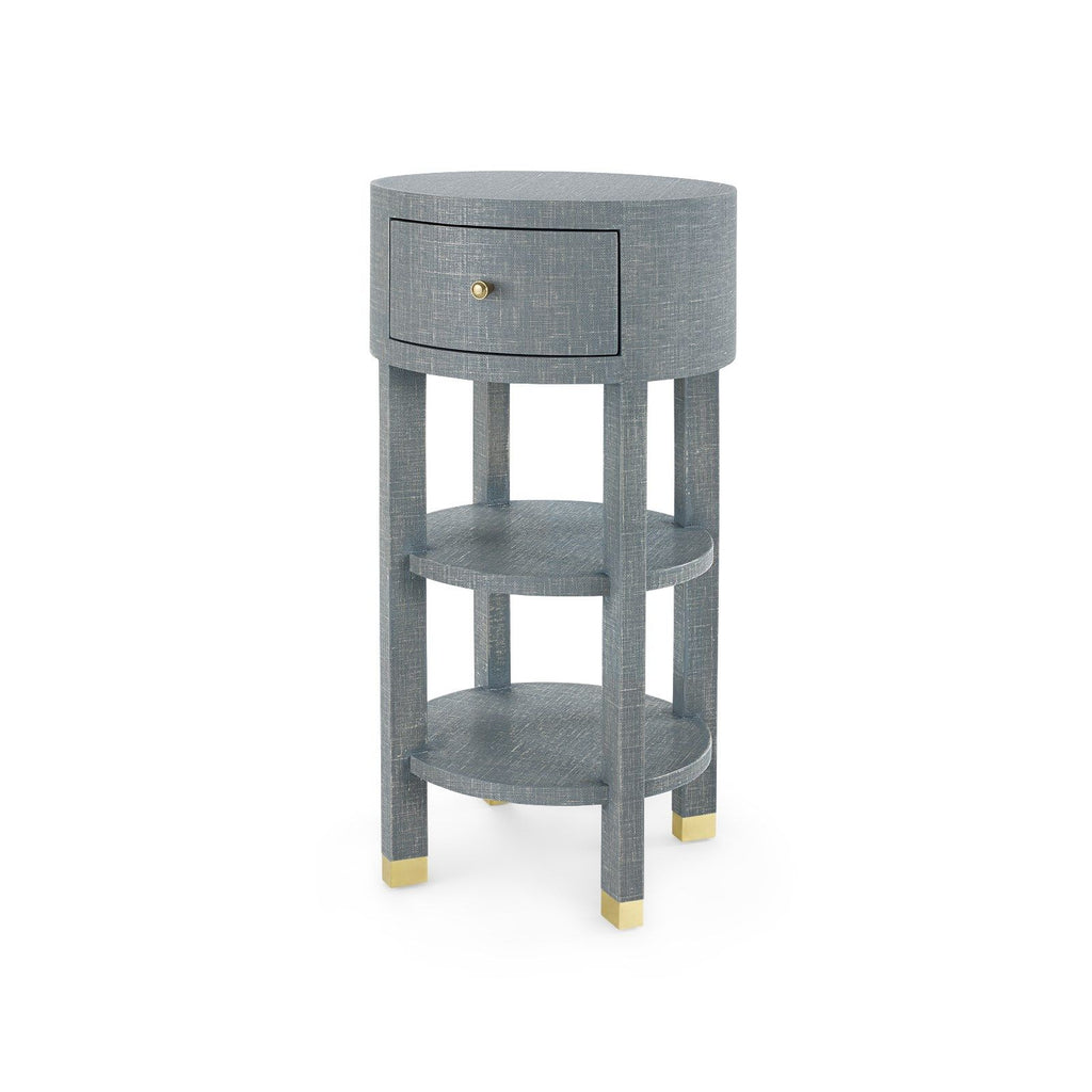 Claudette 1-Drawer Round Side Table - Washed Winter Gray, Gold Leg Caps