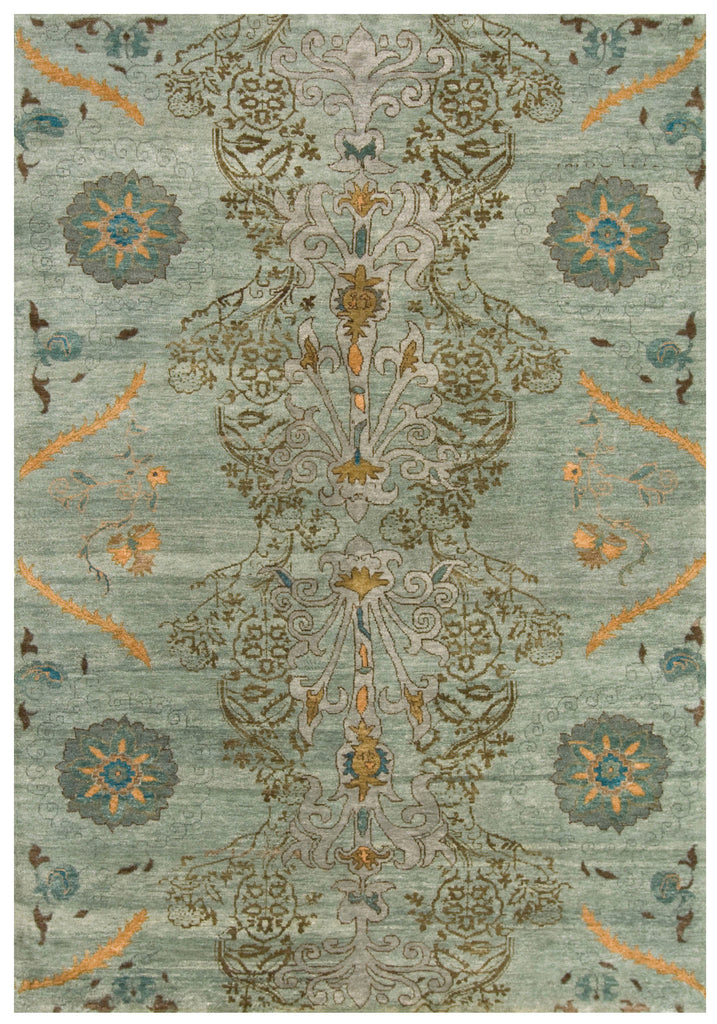 Vardo Transitional Floral Botanical Blue Green Gold Area Rug (8'6" x 11'6")