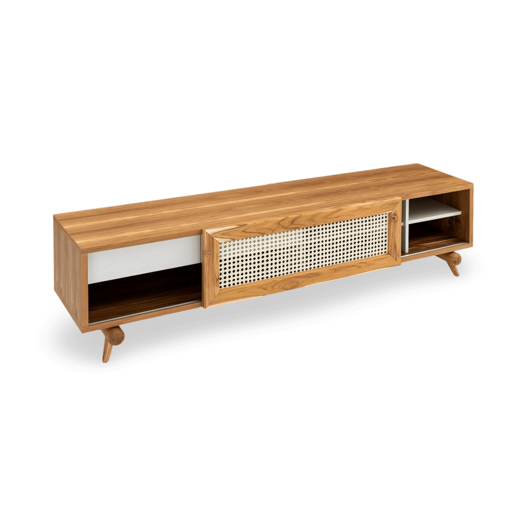 Plot Storage Console with Teak Finish and Cane-Webbing Sliding Door