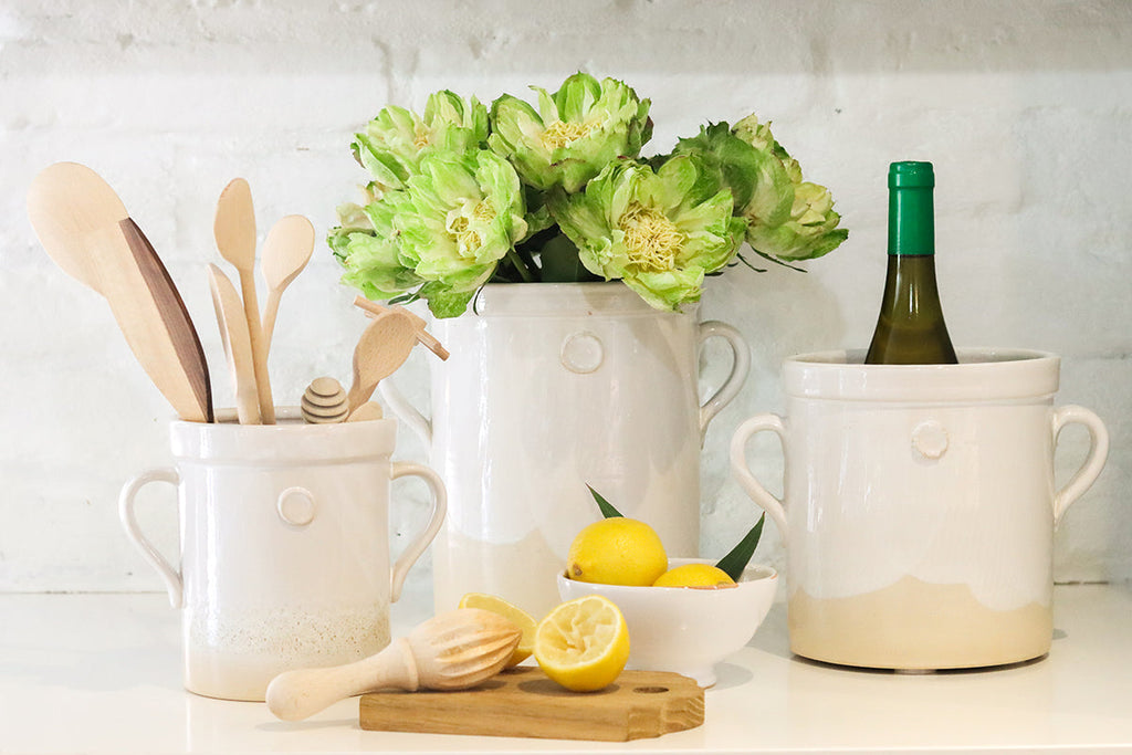 White Handthrown Crock And Utensil Bundle