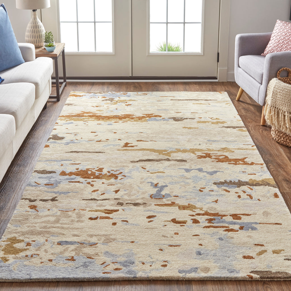 Everley Modern Abstract Ivory Blue Brown Area Rug (2' x 3')