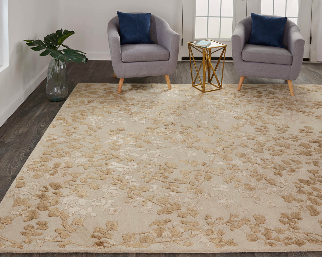 Bella Transitional Floral Botanical Ivory Tan Gold Area Rug (2' x 3')