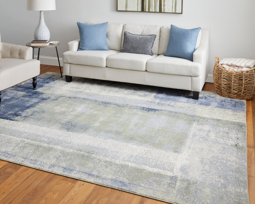 Clio Modern Abstract Blue Green Ivory Area Rug (10' x 13'2")