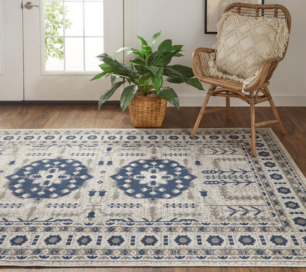 Foster Transitional Medallion Blue Gray Ivory Area Rug (7'10" x 11')