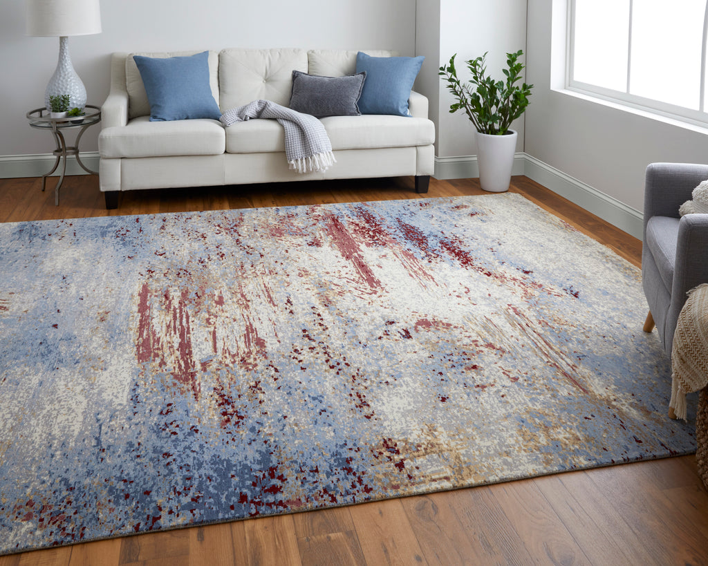 Sumner Modern Abstract Blue Red Ivory Area Rug (8'6" x 11'6")