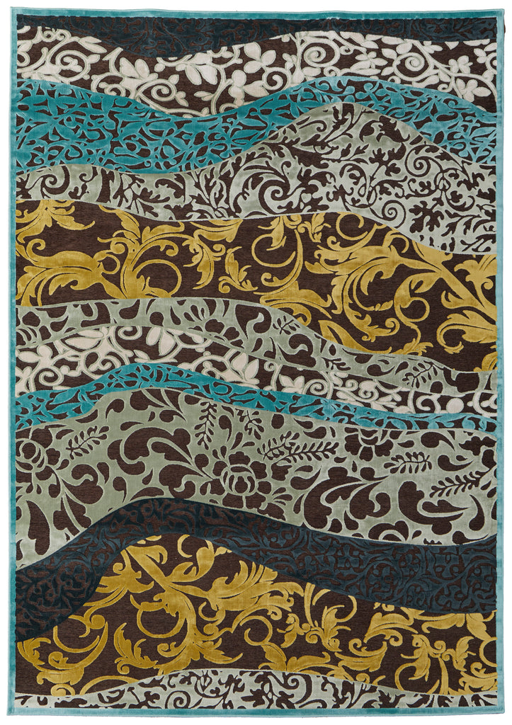 Saphir Cabo Modern Floral Botanical Blue Gold Area Rug (7'6" x 10'6")