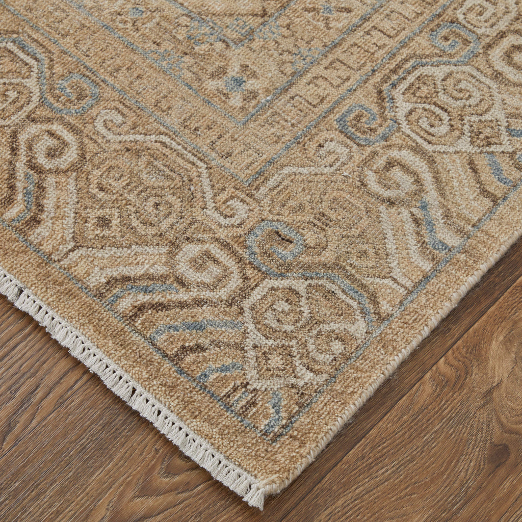 Ronin Transitional Damask Tan Brown Blue Area Rug (7'9" x 9'9")