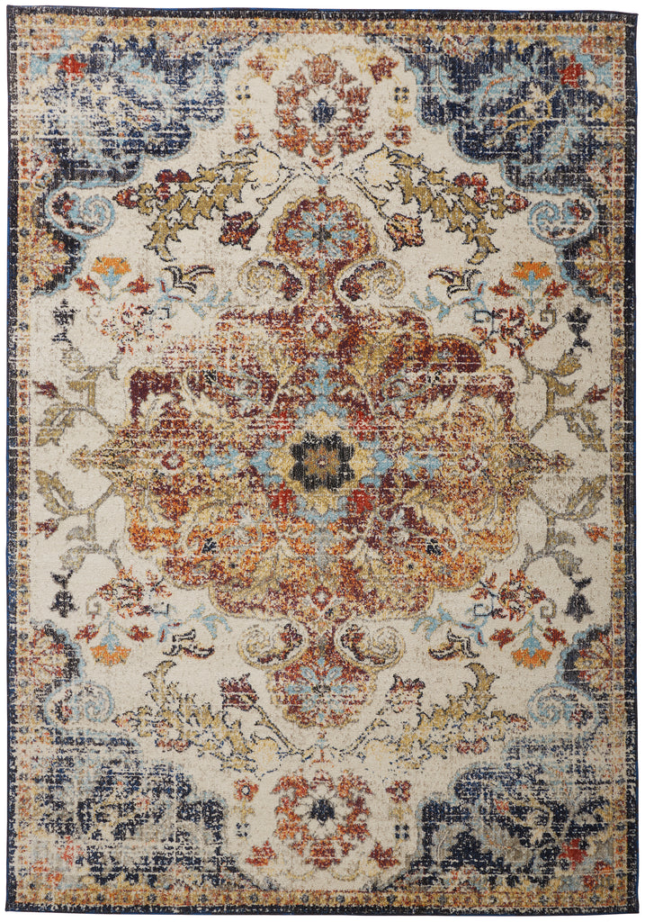 Bellini Transitional Medallion Ivory Gold Blue Area Rug (6'7" x 9'6")