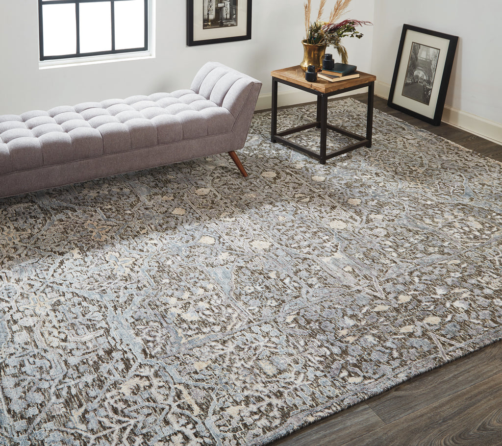 Lanister Transitional Geometric Gray Ivory Blue Area Rug