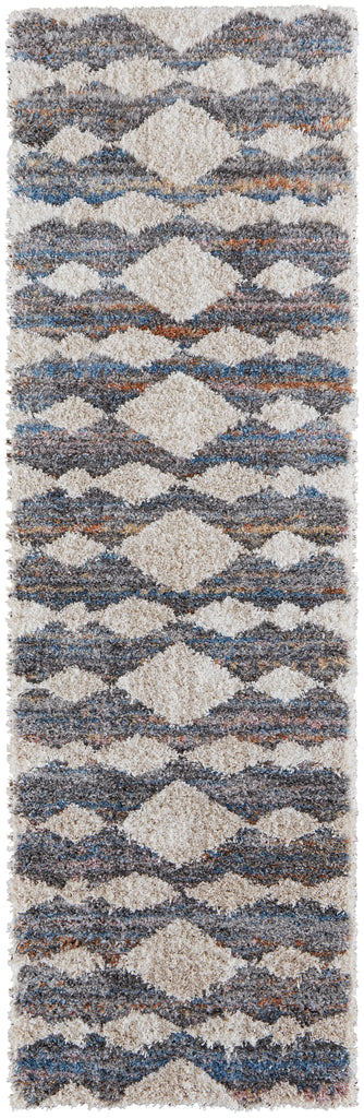 Mynka Transitional Diamond Tan Ivory Blue Area Rug (2'6" x 8')