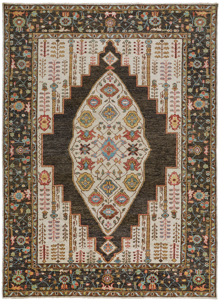 Piraj Traditional Bordered Brown Yellow Green Area Rug (8'6" x 11'6")