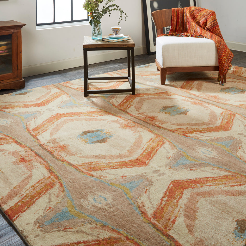 Leandra Modern Geometric Tan Orange Blue Area Rug (8'6" x 11'6")