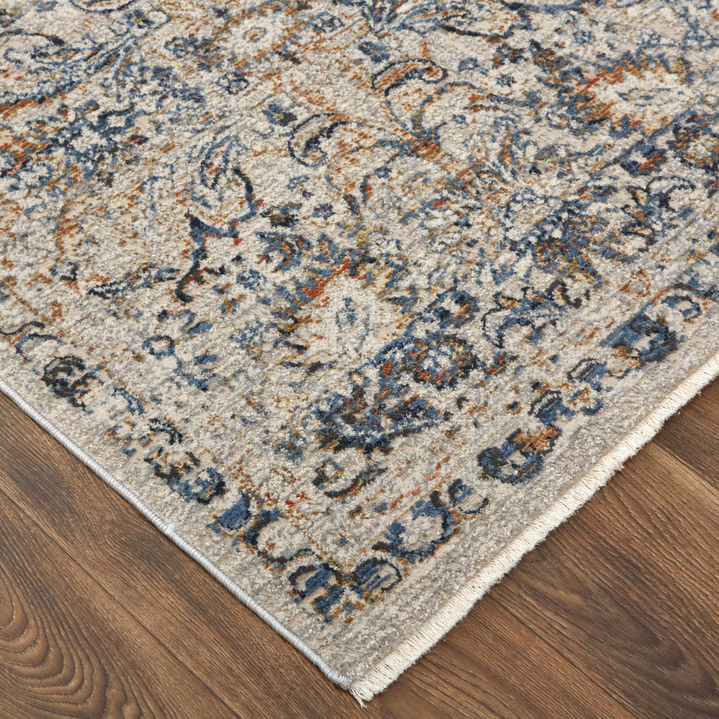 Kaia Transitional Damask Tan Blue Orange Area Rug (2'6" x 8')