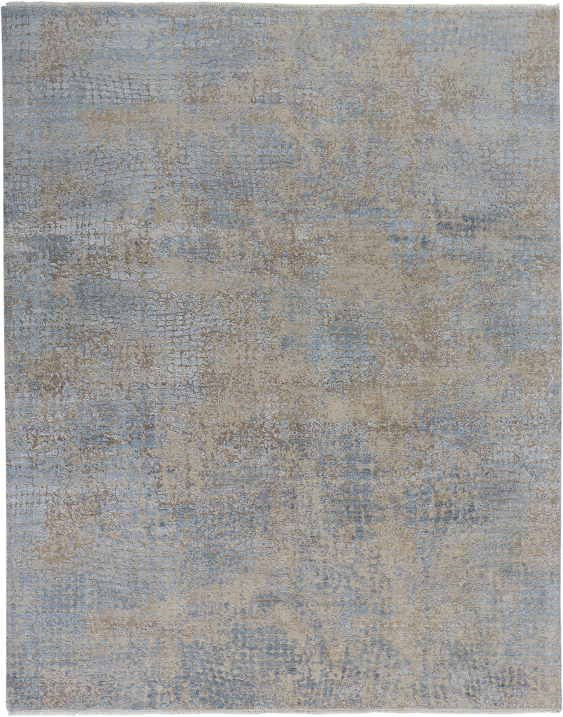 Hannah Modern Abstract Blue Taupe Tan Area Rug (8'6" x 11'6")