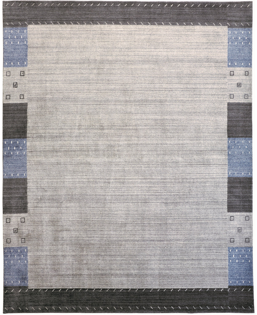 Legacy Transitional Bordered Gray Blue Black Area Rug (5'6" x 8'6")