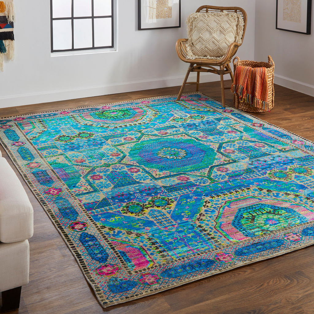 Latham Transitional Bordered Blue Green Red Area Rug (7'9" x 9'9")