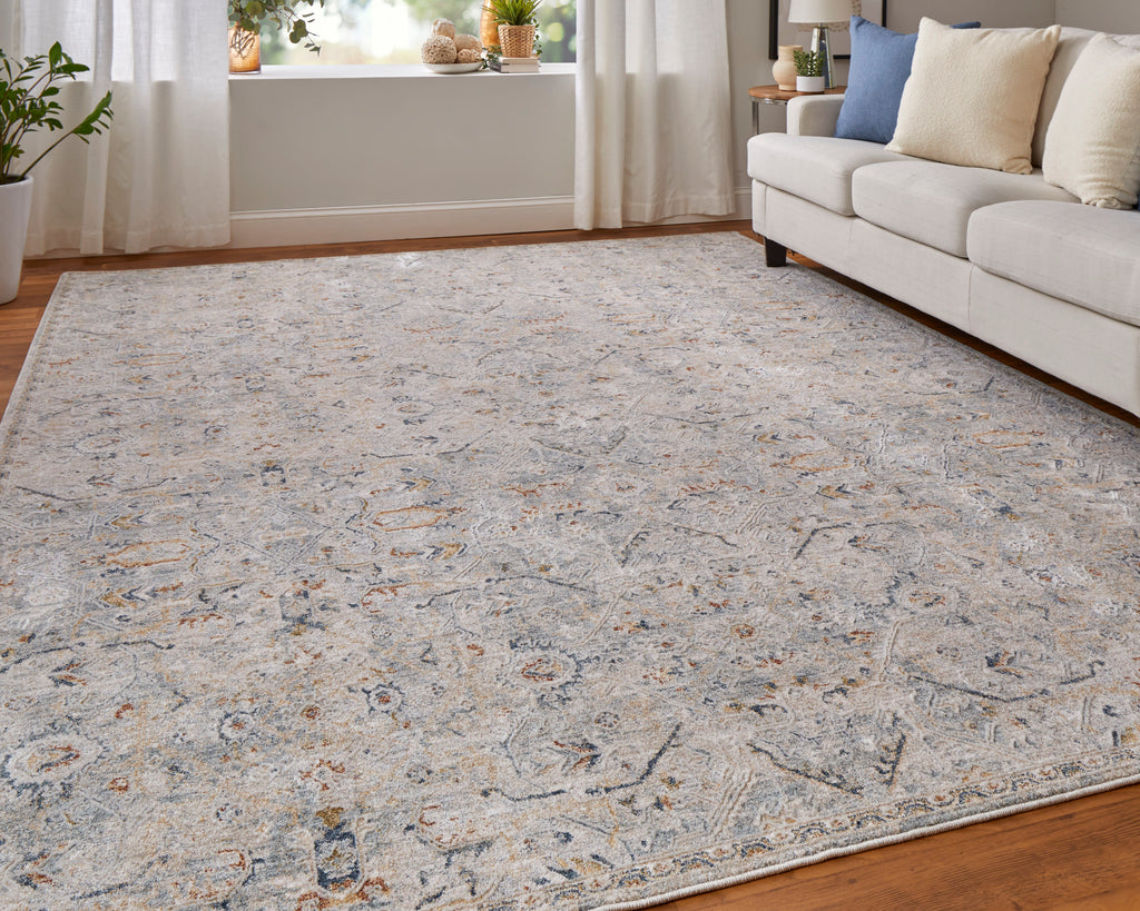 Pasha Transitional Distressed Ivory Blue Tan Area Rug (7'10" x 10'3")