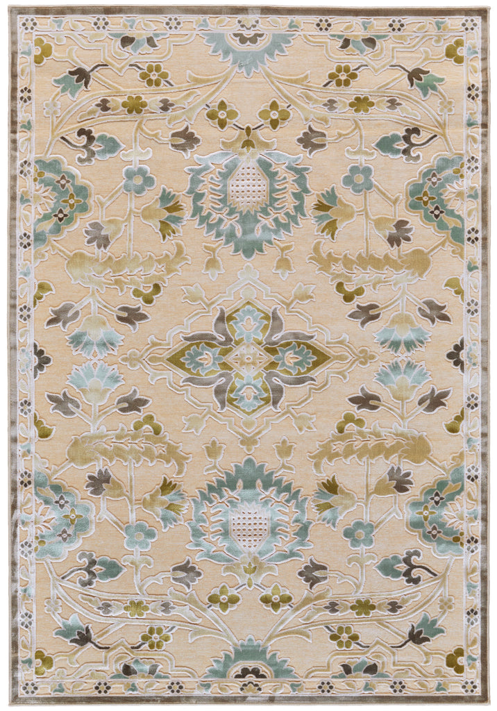 Saphir Mah Modern Floral Botanical Tan Gray Blue Area Rug (2'2" x 4')