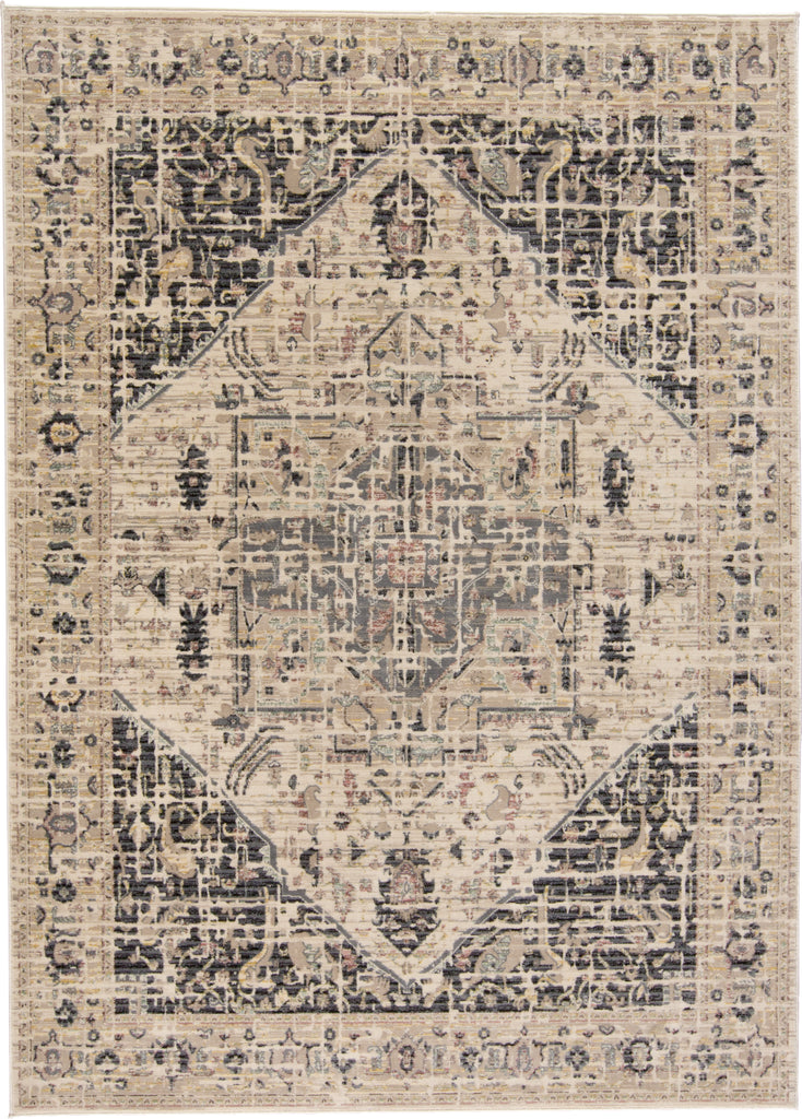 Grayson Transitional Medallion Tan Gray Black Area Rug (4'11" x 7'8")