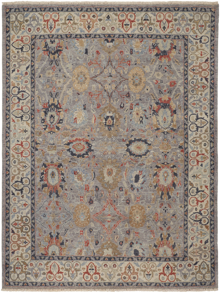 Marabel Traditional Damask Gray Ivory Blue Area Rug (3'6" x 5'6")