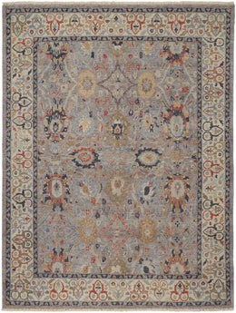 Marabel Traditional Damask Gray Ivory Blue Area Rug (2'6" x 8')