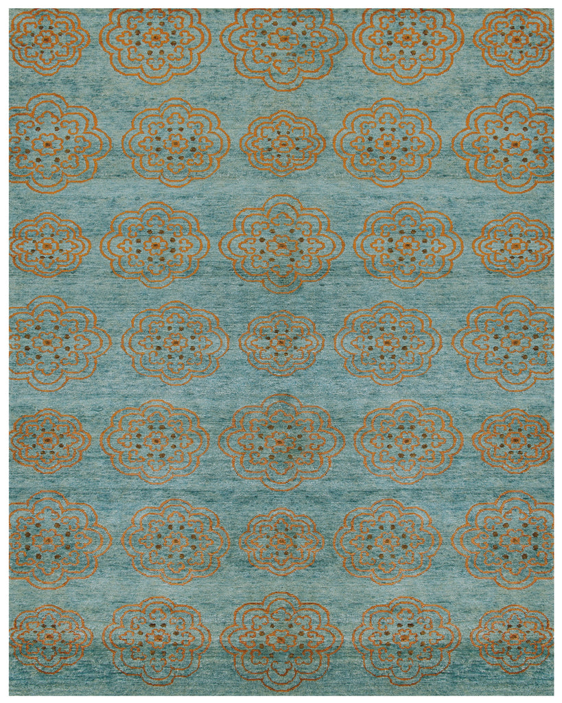 Qing Transitional Floral Botanical Blue Green Taupe Area Rug (8'6" x 11'6")