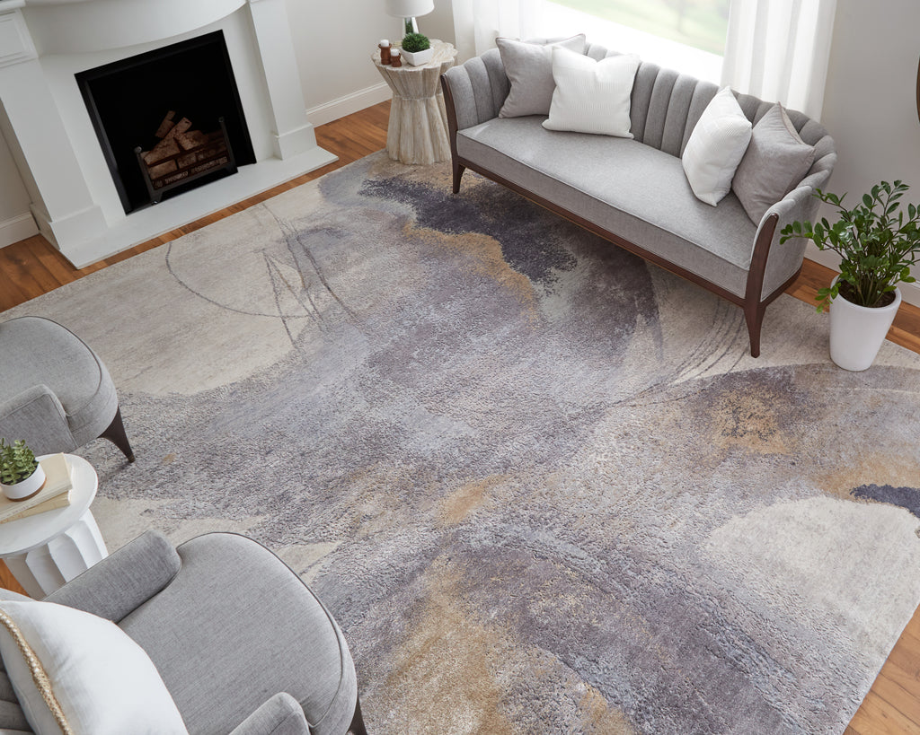 Haywood Modern Abstract Taupe Blue Gold Area Rug (8'6" x 11'6")