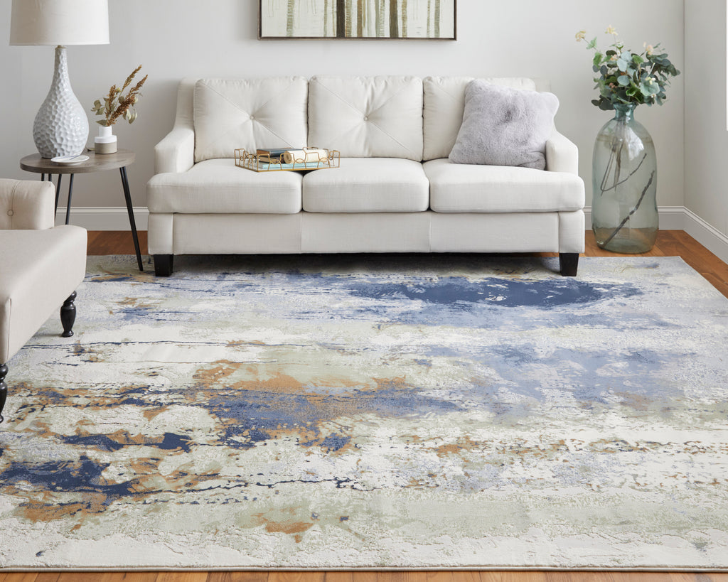 Clio Modern Abstract Blue Orange Ivory Area Rug (2'9" x 7'10")