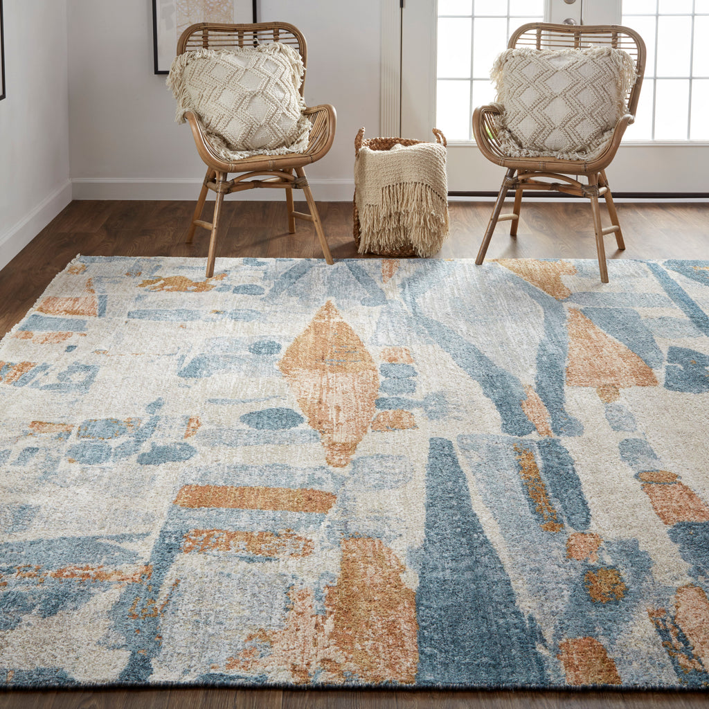 Salina Transitional Abstract Blue Ivory Orange Area Rug (7'9" x 9'9")