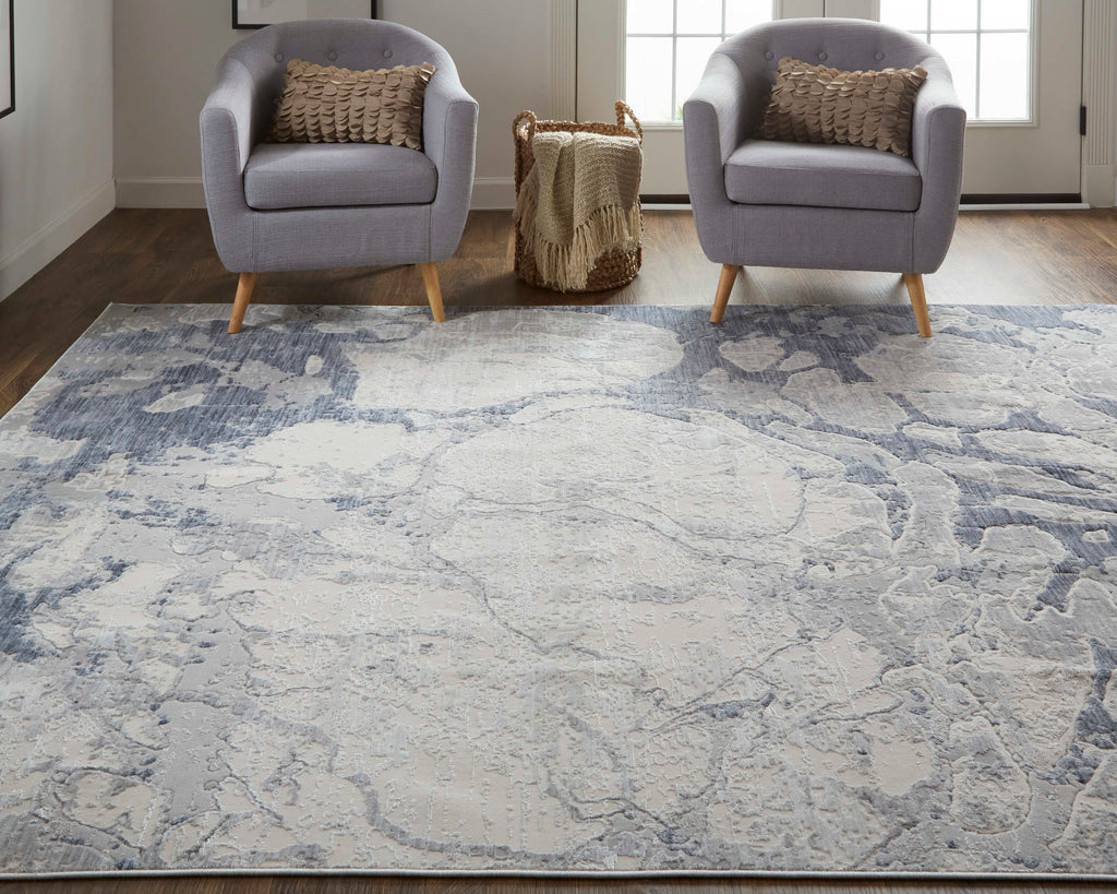 Laina Transitional Abstract Ivory Blue Area Rug (3' x 10')