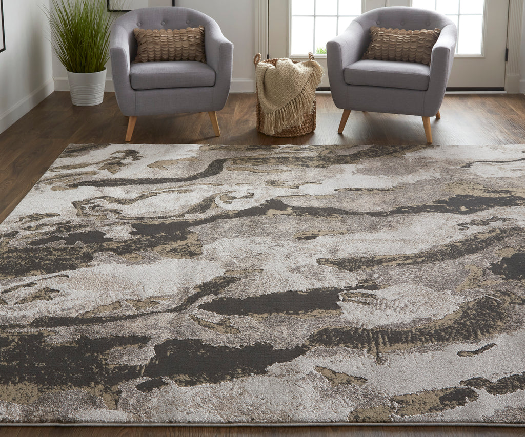 Vancouver Modern Abstract Ivory Brown Taupe Area Rug (6'7" x 9'6")