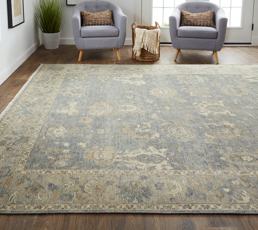 Marabel Transitional Oriental Blue Taupe Ivory Area Rug (2'6" x 8')