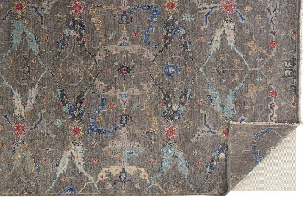 Bhatia Traditional Floral Botanical Gray Blue Red Area Rug (11'6" x 15')