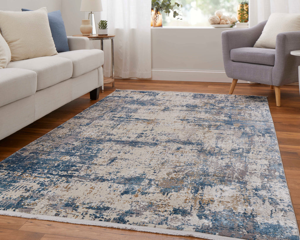 Cadiz Modern Abstract Ivory Tan Blue Area Rug (3'1" x 10')