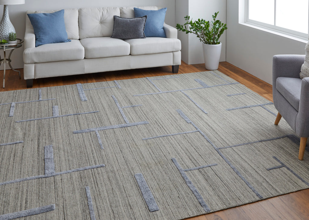 Longridge Modern Geometric Ivory Blue Area Rug (5' x 8')