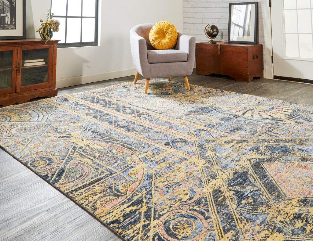 Blanchard Transitional Geometric Gray Gold Blue Area Rug (8'6" x 11'6")