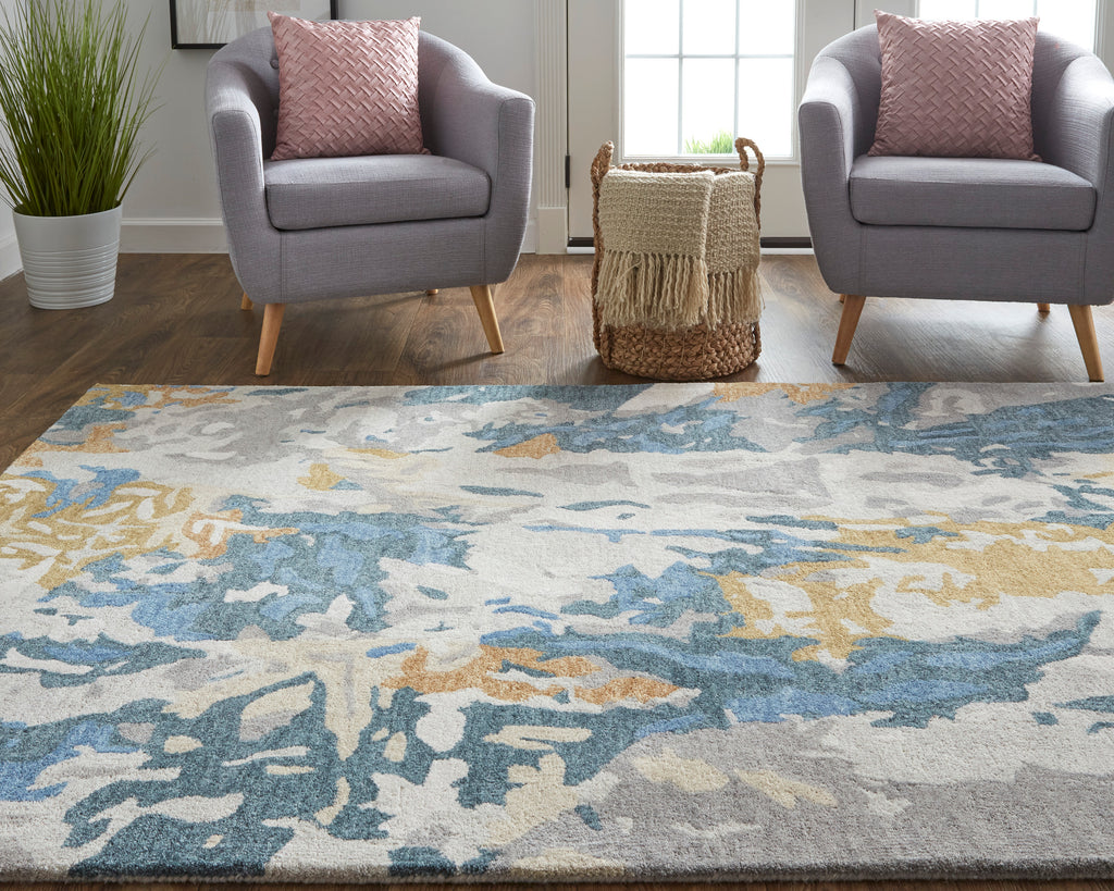 Everley Modern Abstract Gray Blue Gold Area Rug (2' x 3')