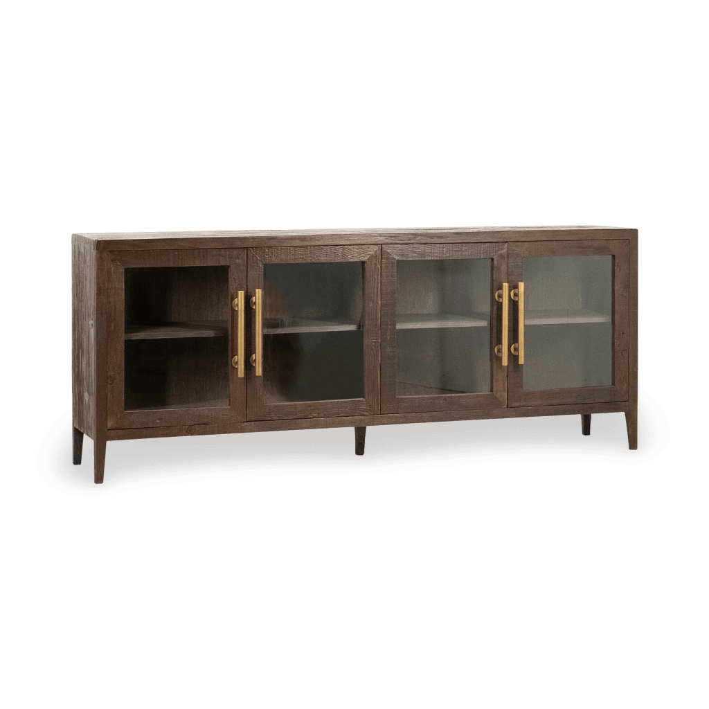 Ellie 83" Long Reclaimed Pine and Glass 4-Door Sideboard in Dark Brown