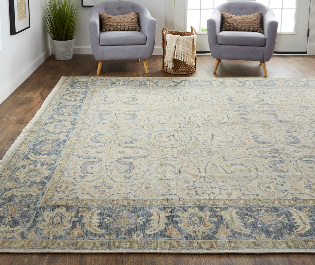 Marabel Traditional Damask Tan Blue Gray Area Rug (7'9" x 9'9")