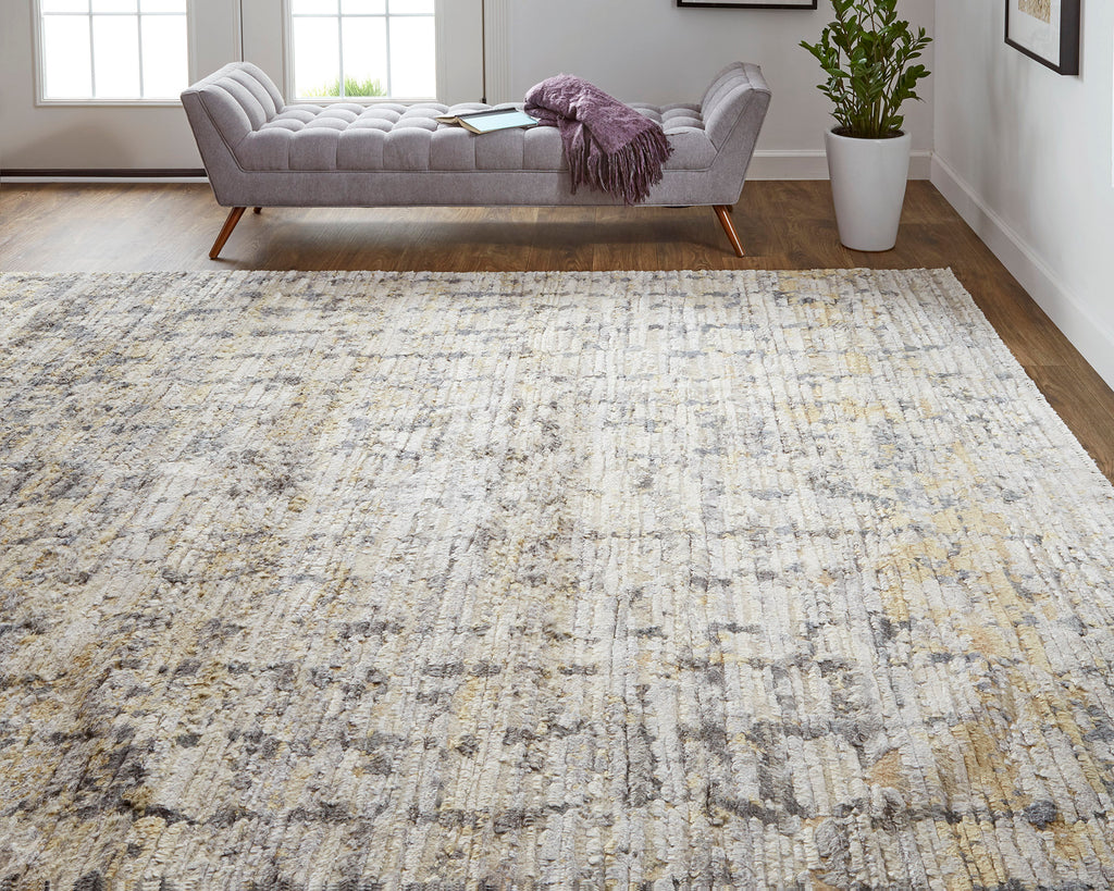 Breel Modern Abstract Gray Gold Ivory Area Rug (9'6" x 13'6")