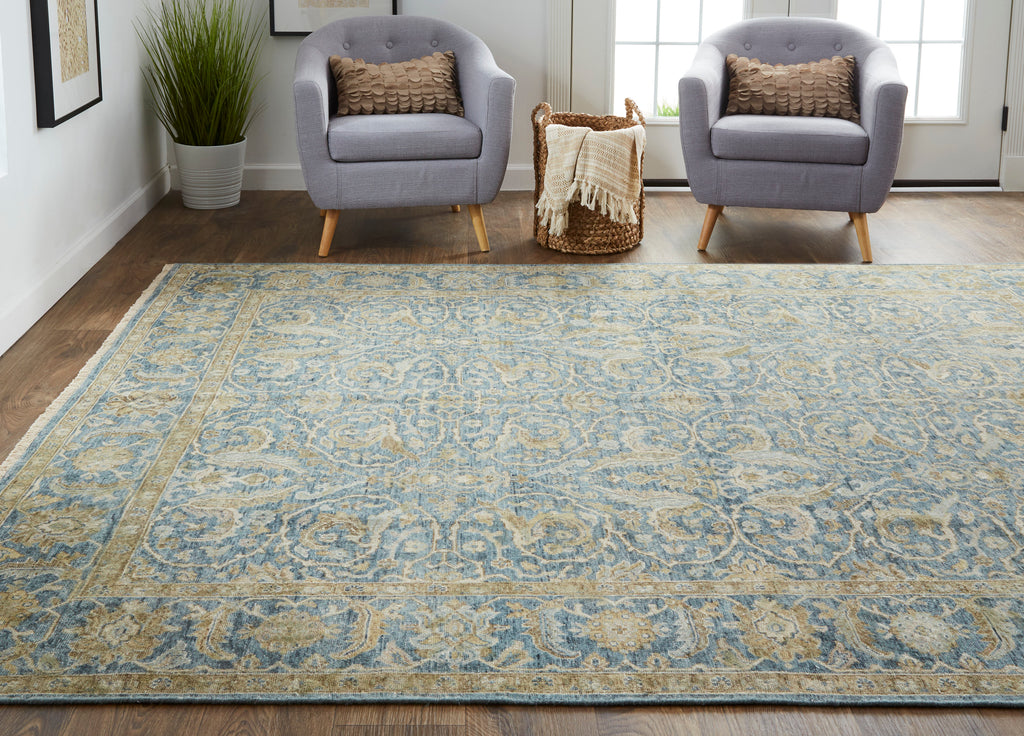 Marabel Traditional Damask Blue Taupe Ivory Area Rug (2'6" x 8')