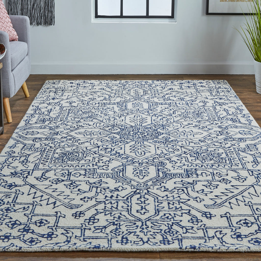 Belfort Transitional Medallion Ivory Blue Area Rug (9' x 12')