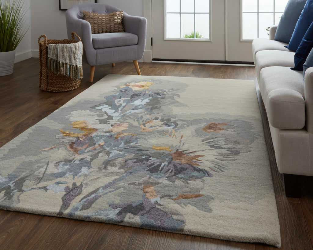 Dafney Transitional Floral Botanical Gray Blue Orange Area Rug (5' x 8')