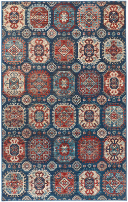 Nolan Transitional Patchwork Blue Red Tan Area Rug (2'10" x 7'10")