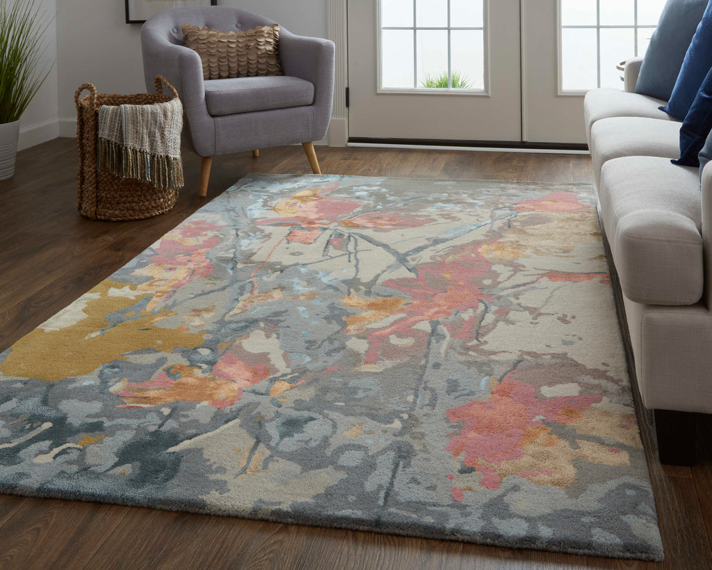 Dafney Transitional Floral Botanical Blue Pink Gray Area Rug (3'6" x 5'6" / Pattern 1)