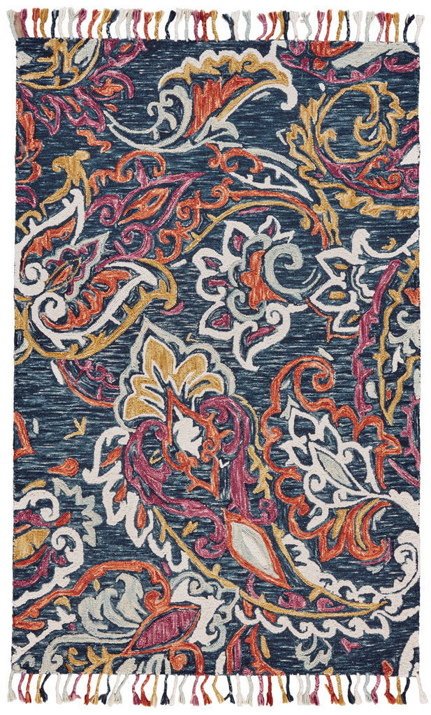 Abelia Transitional Paisley Blue Orange White Area Rug (2' x 3')