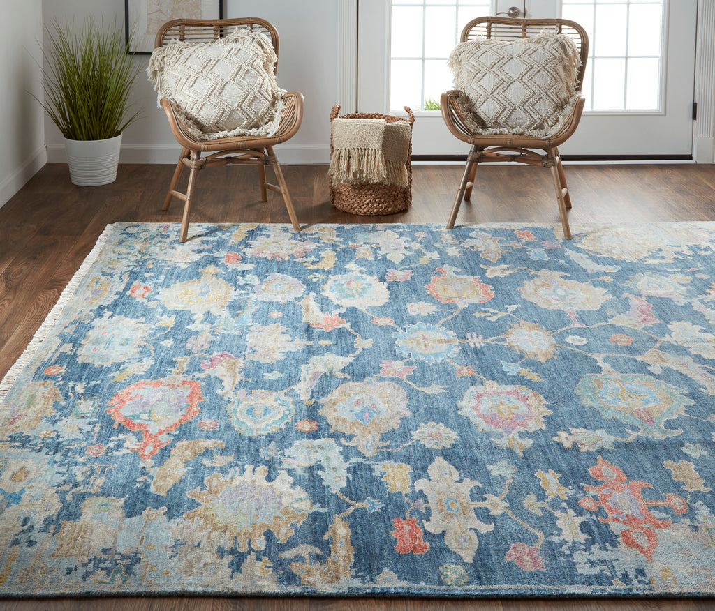 Noris Transitional Floral Botanical Blue Tan Orange Area Rug (2' x 3')